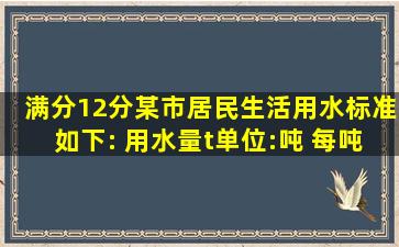 (满分12分)某市居民生活用水标准如下: 用水量t(单位:吨) 每吨收费标准(...