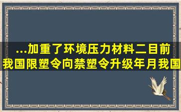 ...加重了环境压力材料二目前我国限塑令向禁塑令升级年月我国发布...