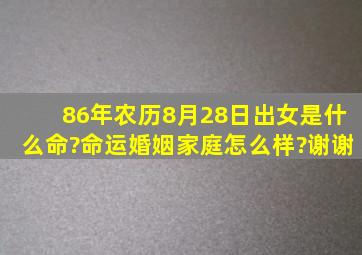 86年农历8月28日出,女,是什么命?命运,婚姻家庭怎么样。?谢谢。