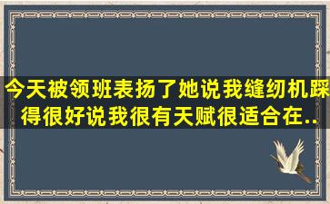 今天被领班表扬了,她说我缝纫机踩得很好,说我很有天赋很适合在...