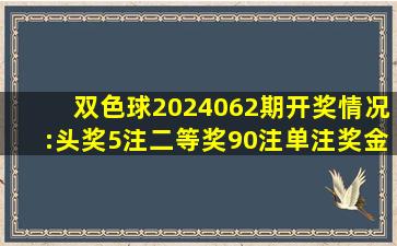 双色球2024062期开奖情况:头奖5注,二等奖90注,单注奖金30多万