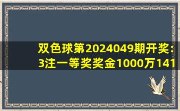 双色球第2024049期开奖:3注一等奖,奖金1000万,141注二等奖!