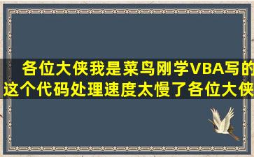 各位大侠我是菜鸟,刚学VBA。写的这个代码处理速度太慢了,各位大侠...