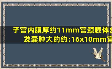 子宫内膜厚约11mm。宫颈腺体多发囊肿(大的约:16x10mm),宫颈管少量...