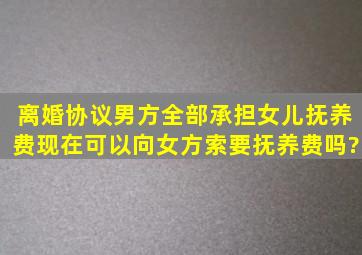 离婚协议男方全部承担女儿抚养费,现在可以向女方索要抚养费吗?