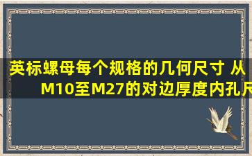 英标螺母,每个规格的几何尺寸。 从M10至M27的对边,厚度,内孔尺寸