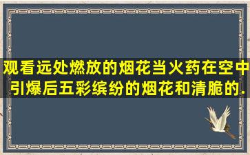 观看远处燃放的烟花,当火药在空中引爆后,五彩缤纷的烟花和清脆的...