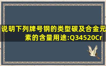 说明下列牌号钢的类型、碳及合金元素的含量、用途:Q345、20CrMnTi...