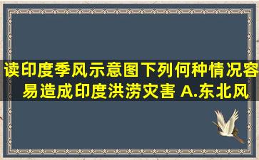 读印度季风示意图,下列何种情况,容易造成印度洪涝灾害( )A.东北风来...